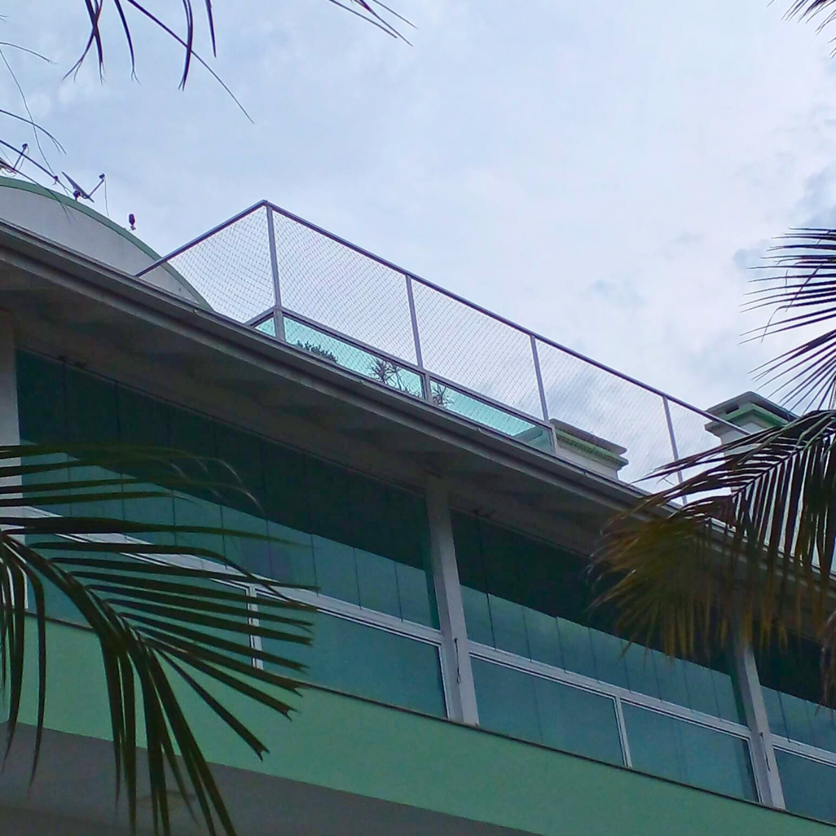 Terraço ou cobertura de edifício com estrutura metálica de guarda-corpo cercada por rede de proteção, vista externa com folhas de palmeira em primeiro plano.