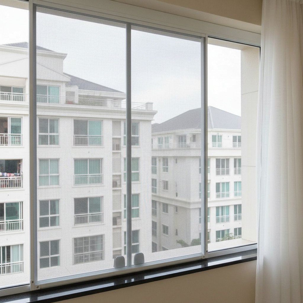 Janela de apartamento com vista urbana protegida por tela mosquiteira de correr em alumínio.