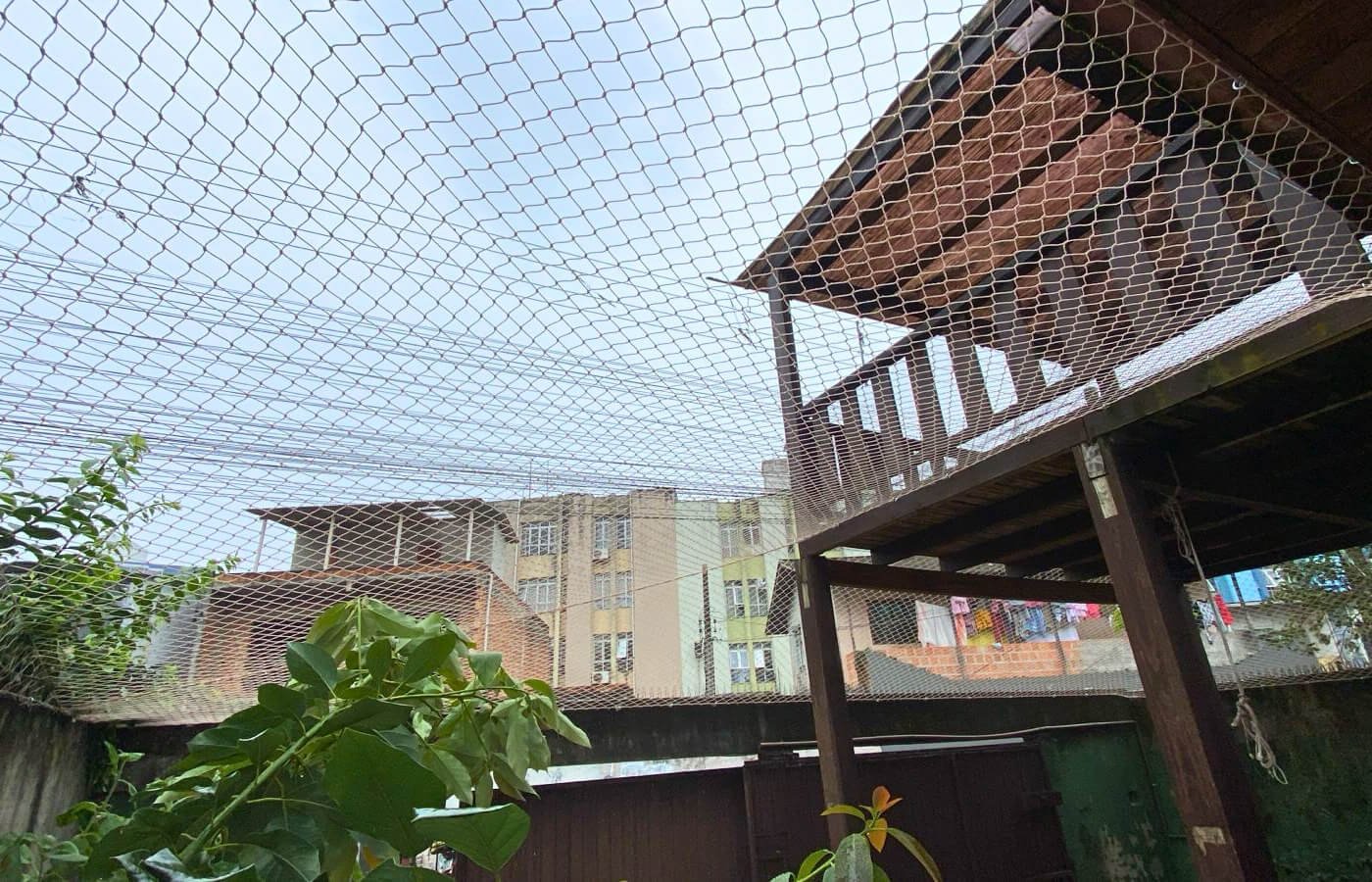 Estrutura alta de madeira (tipo mirante ou pergolado) com fechamento de teto e laterais em rede de proteção.